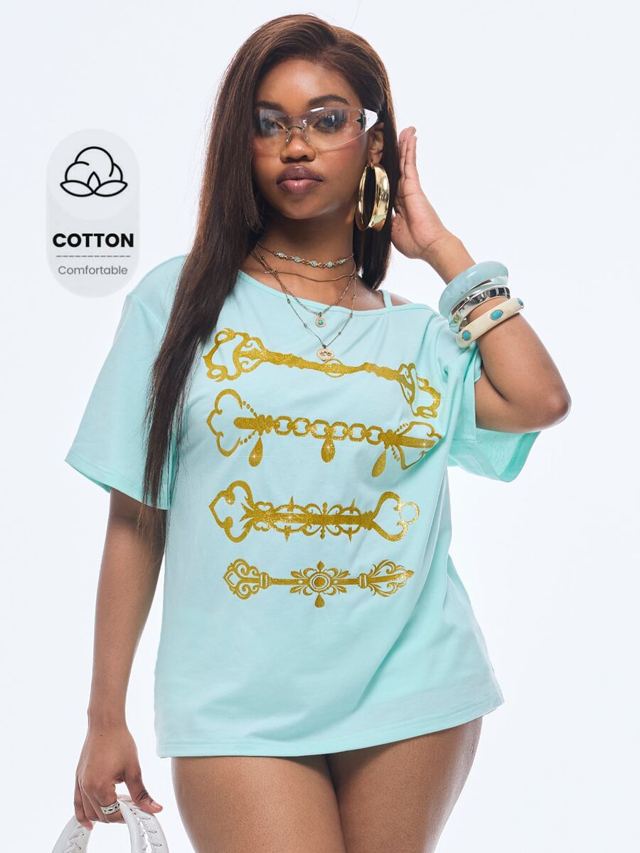 Women's casual loose fit cold shoulder cotton t-shirt with asymmetrical cutout neckline and short sleeves.