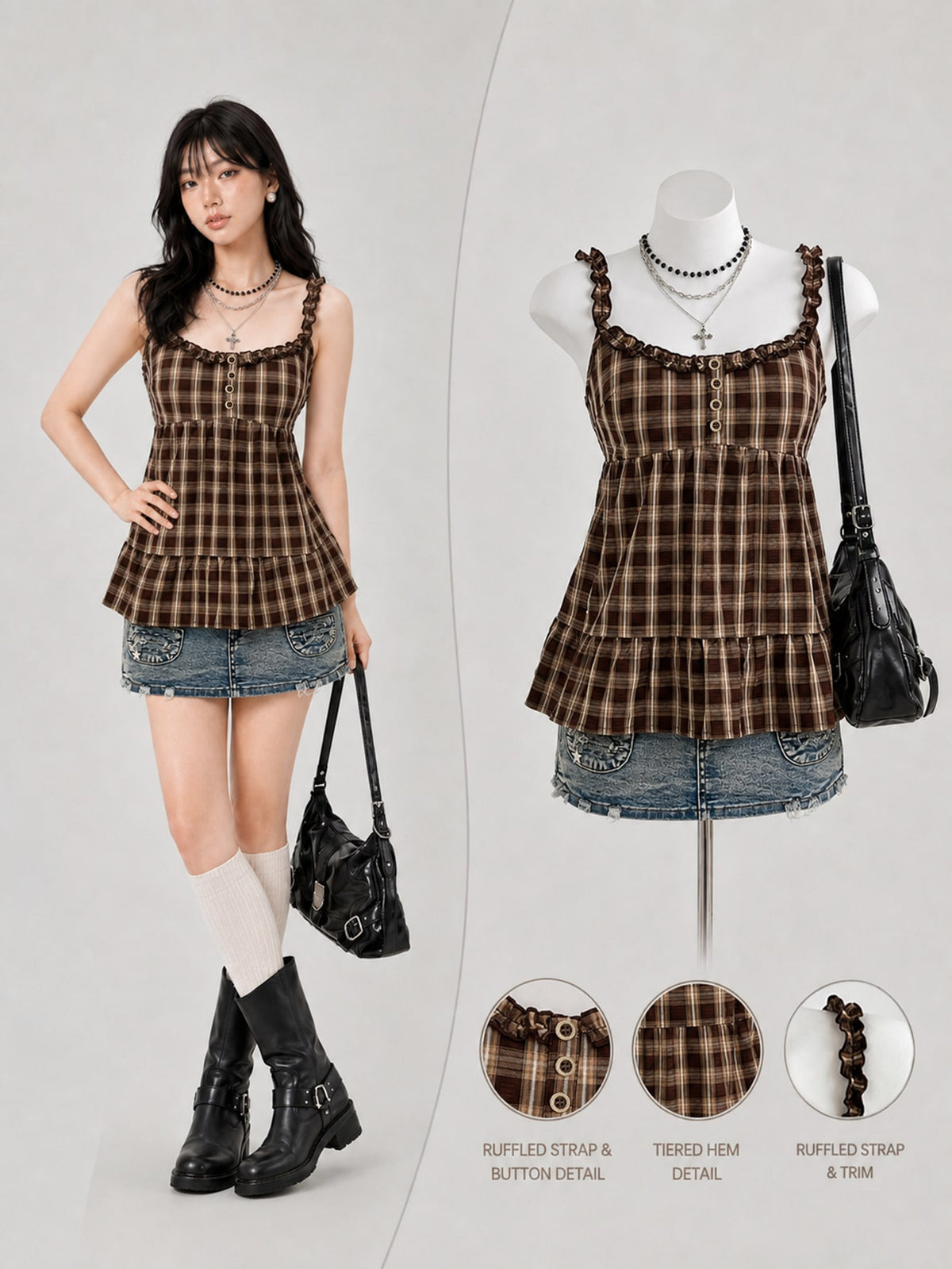 Women's Plaid Ruffle Hem Crop Camisole