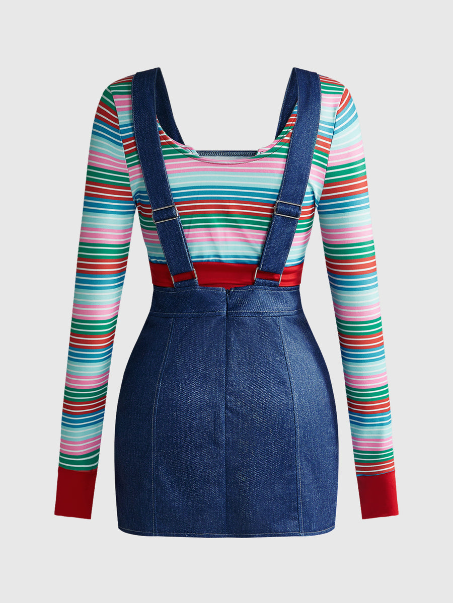 Women's killer doll Halloween cosplay costume featuring a striped long sleeve crop top and suspender mini skirt