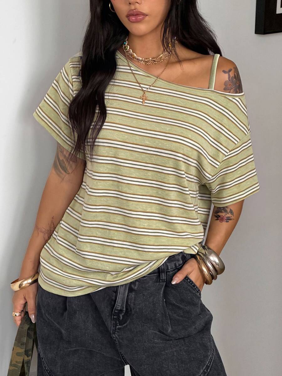 Women's casual loose fit cold shoulder cotton t-shirt with asymmetrical cutout neckline and short sleeves.