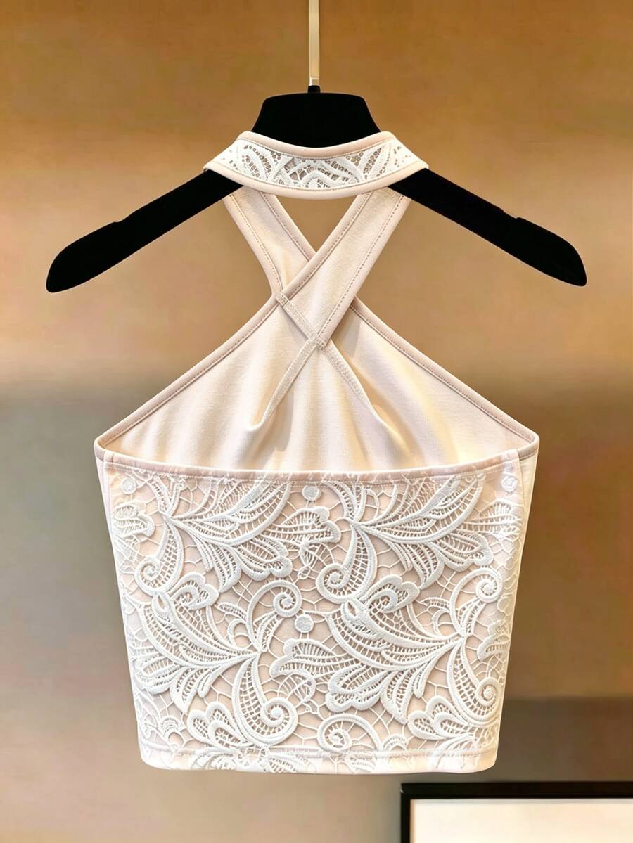 Apricot slim fit criss-cross halter tank top with folk plant print and backless design for women