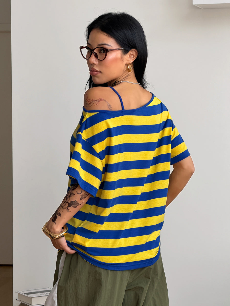 Women's casual loose fit cold shoulder cotton t-shirt with asymmetrical cutout neckline and short sleeves.