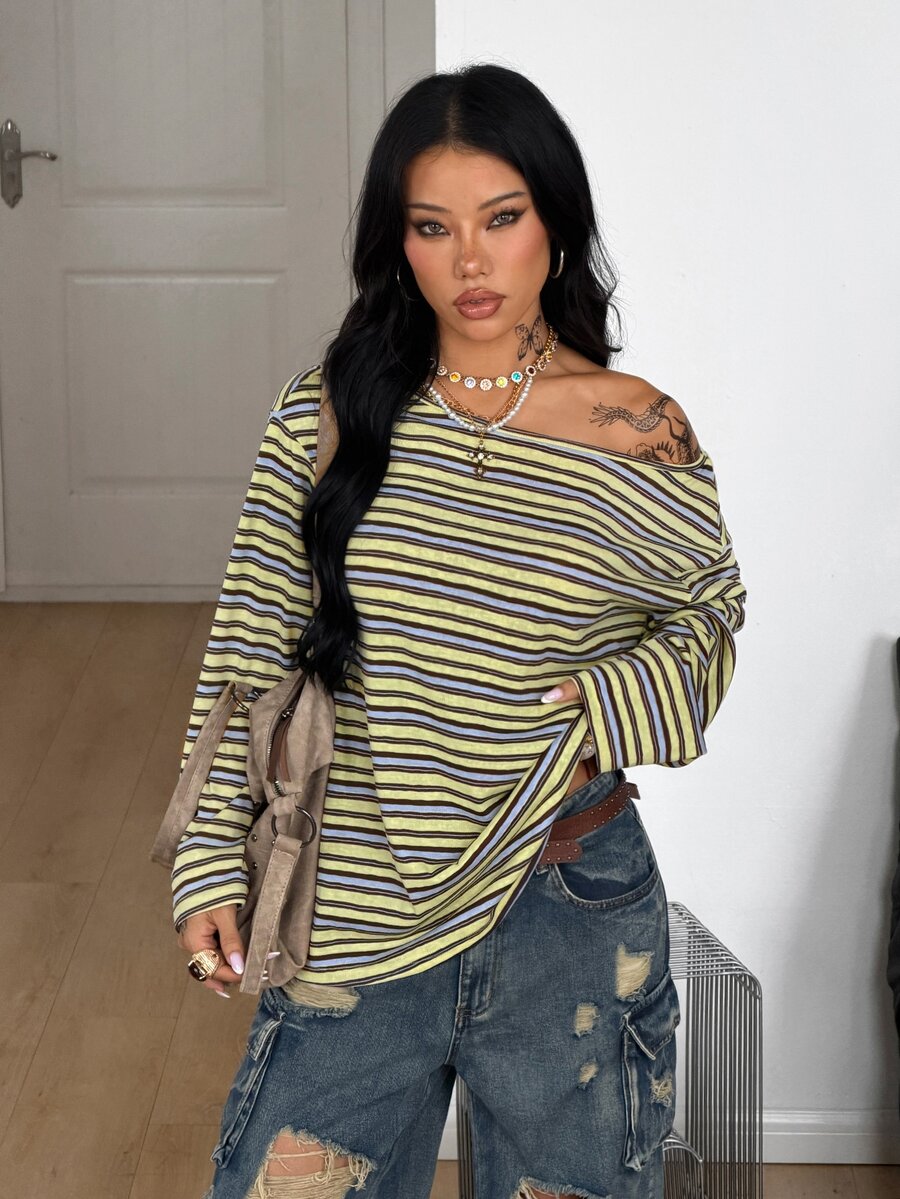 Women's brown striped boat neck long sleeve raglan T-shirt with a loose casual fit