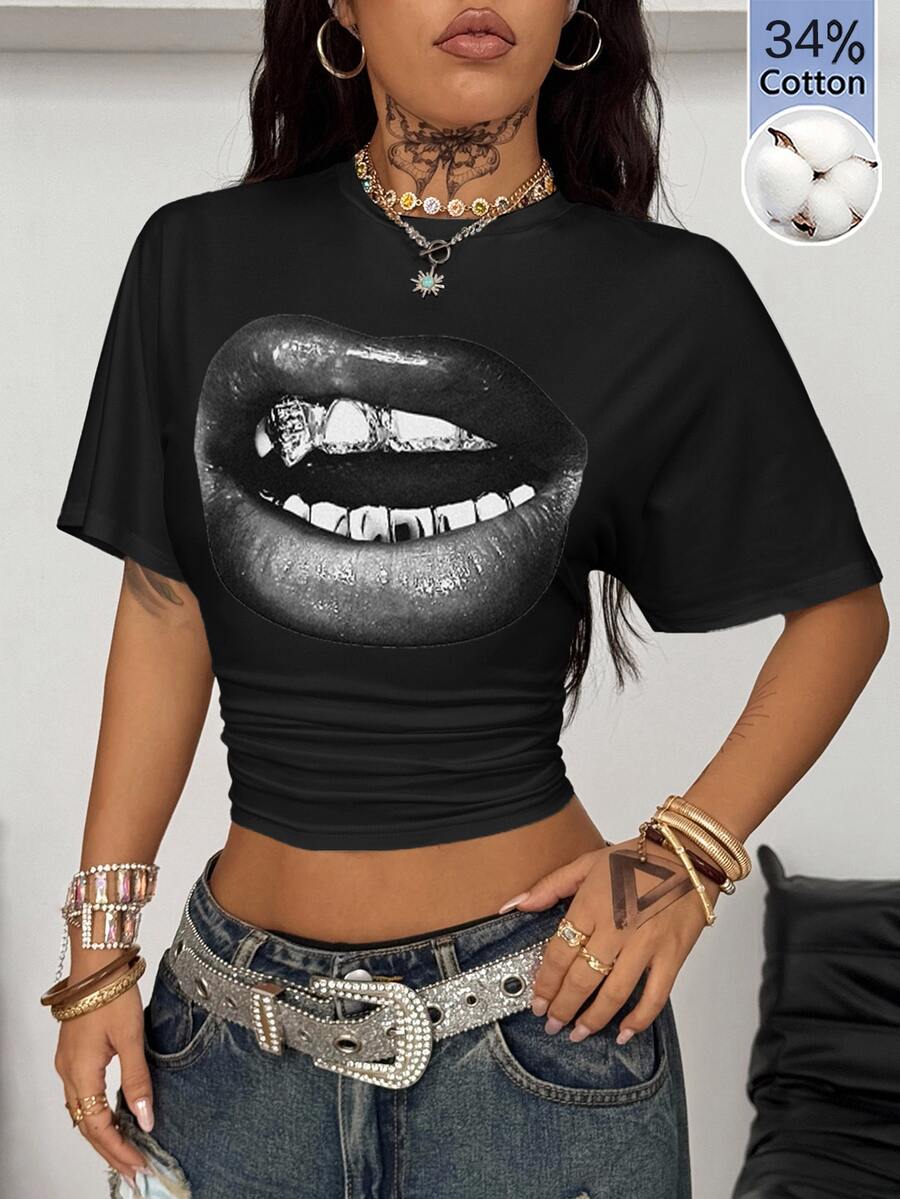 Women's striped short sleeve t-shirt featuring a casual drop shoulder design and round neckline.