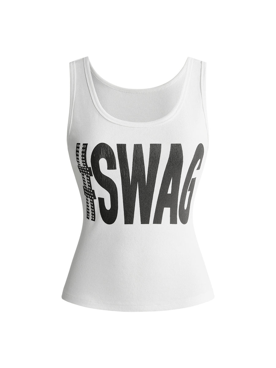 Women's slim fit ribbed scoop neck tank top featuring graphic print and rivet embellishments