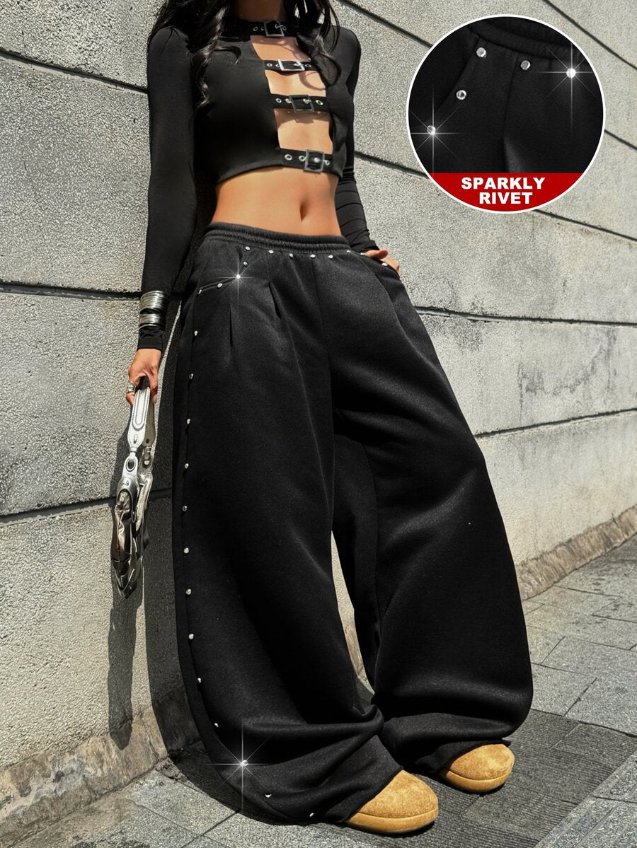 Women's loose straight leg casual pants with drawstring elastic waist and pockets