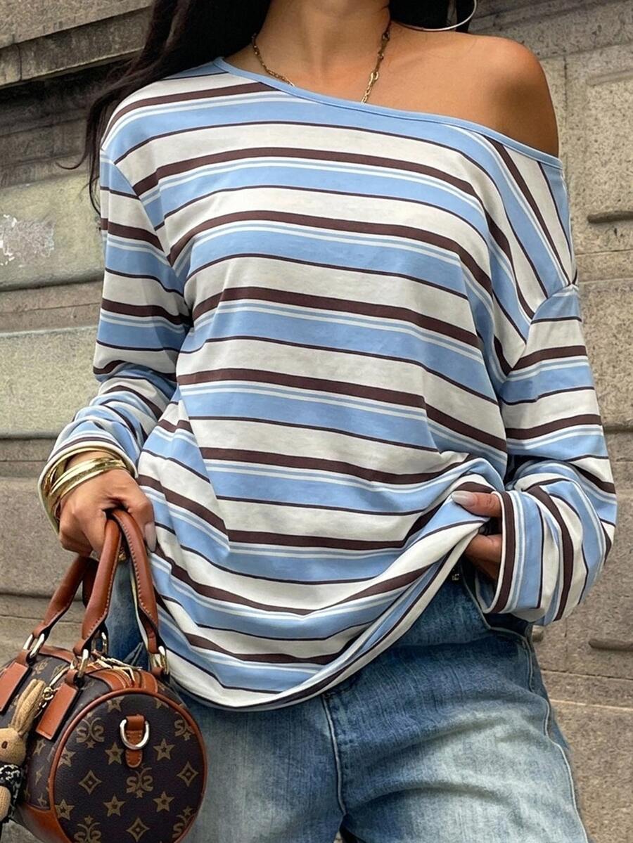 Women's brown striped boat neck long sleeve raglan T-shirt with a loose casual fit