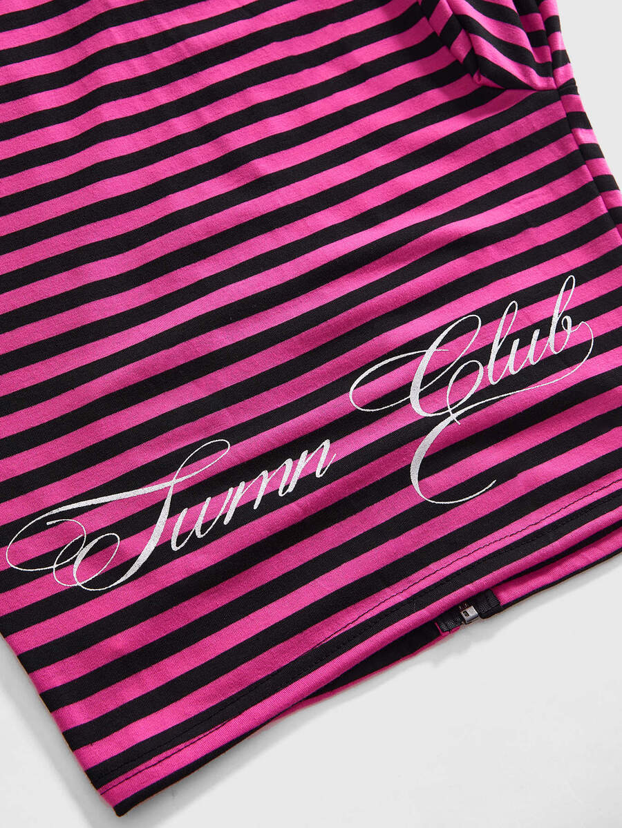 Women's pink striped two-piece set featuring a long sleeve hooded crop top with front zipper and matching extra long flare pants.