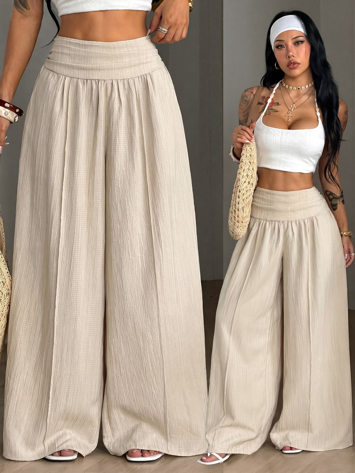 Women's textured wide leg pants with elastic waist and loose relaxed fit