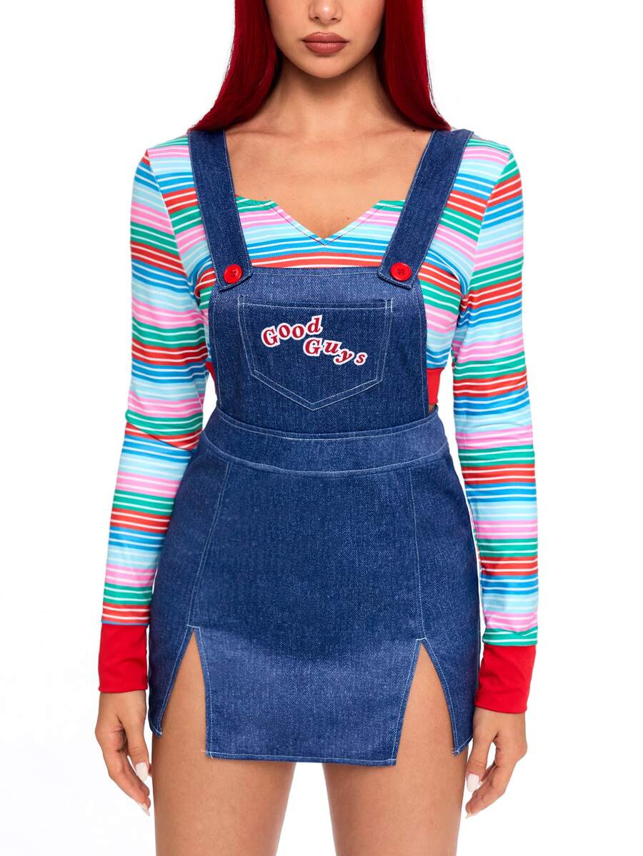 Women's killer doll Halloween cosplay costume featuring a striped long sleeve crop top and suspender mini skirt
