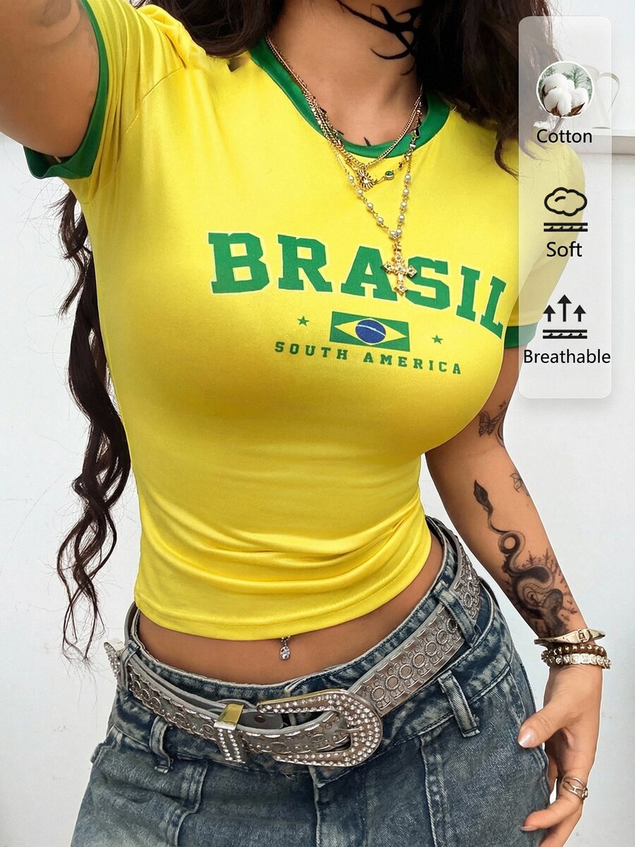 Women's slim fit short sleeve graphic jersey style top with contrast binding and round neckline