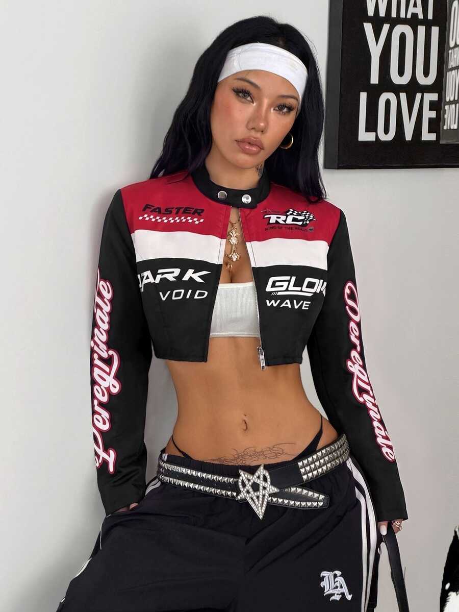 Front view of a women's black cropped PU leather jacket featuring a stand collar, long sleeves, and front zipper closure.
