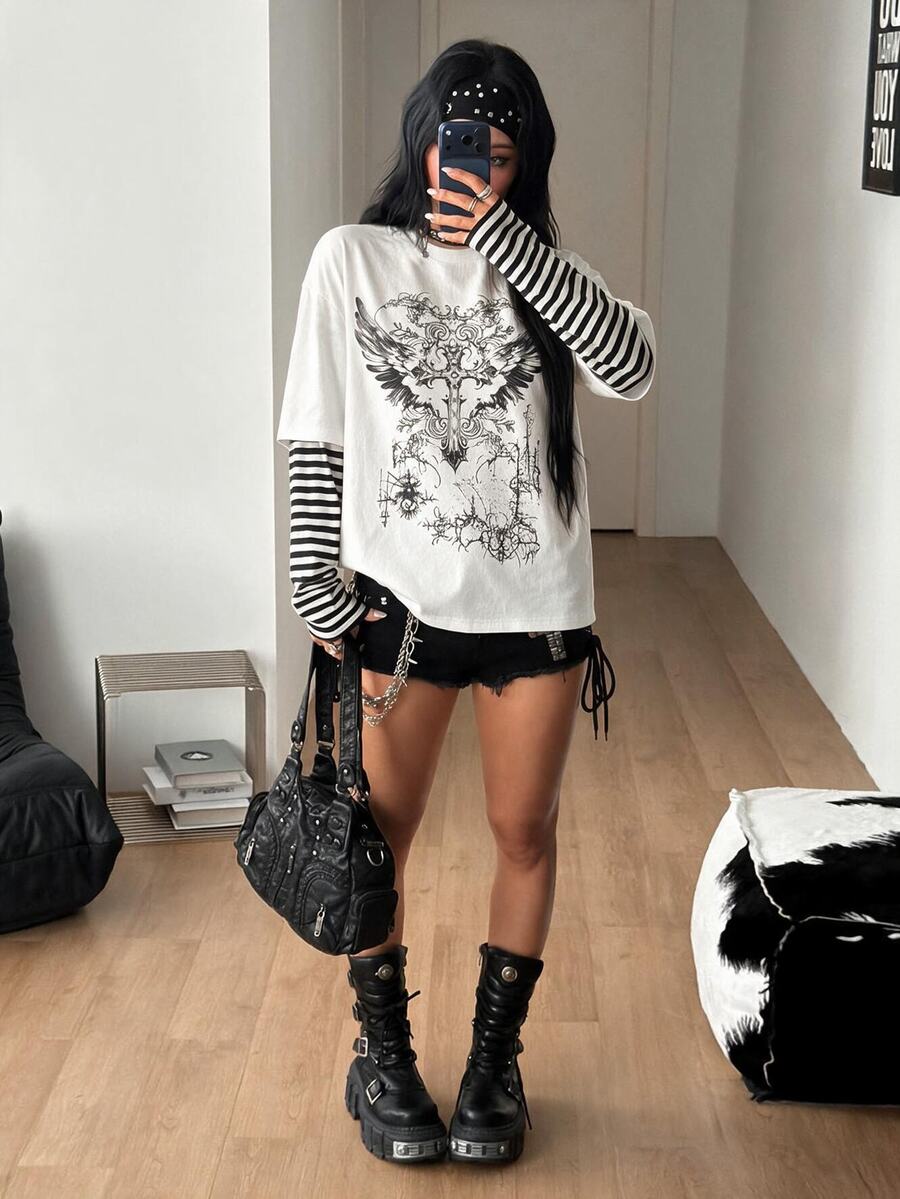 Women's casual graphic long sleeve t-shirt with a round neck, drop shoulder sleeves, and loose relaxed fit.