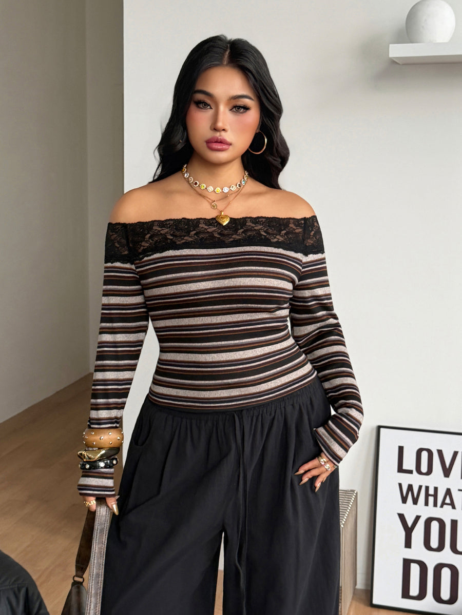 Women's striped off the shoulder long-sleeve top with contrast lace trim and ribbed knit texture.