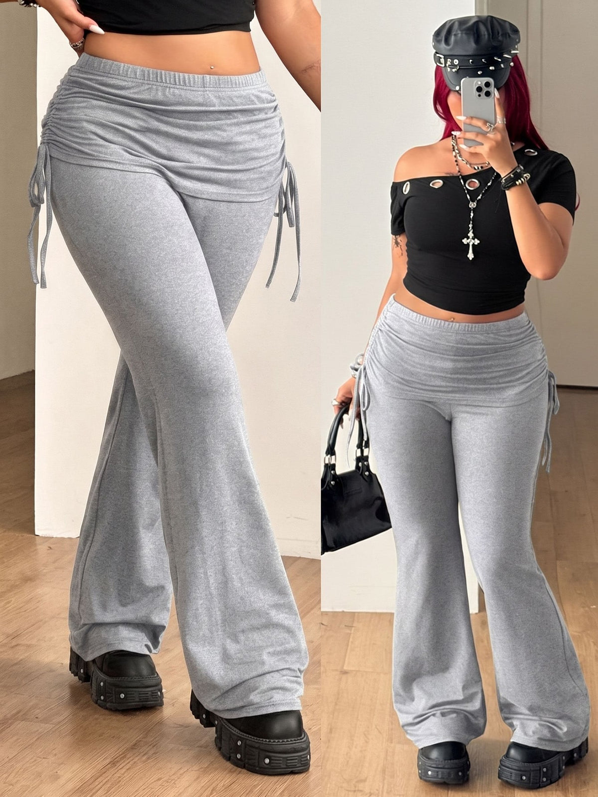 Women's striped flare leg pants featuring a mid-rise waist, slim fit thigh, and ruched side drawstring detail in stretch knit fabric.
