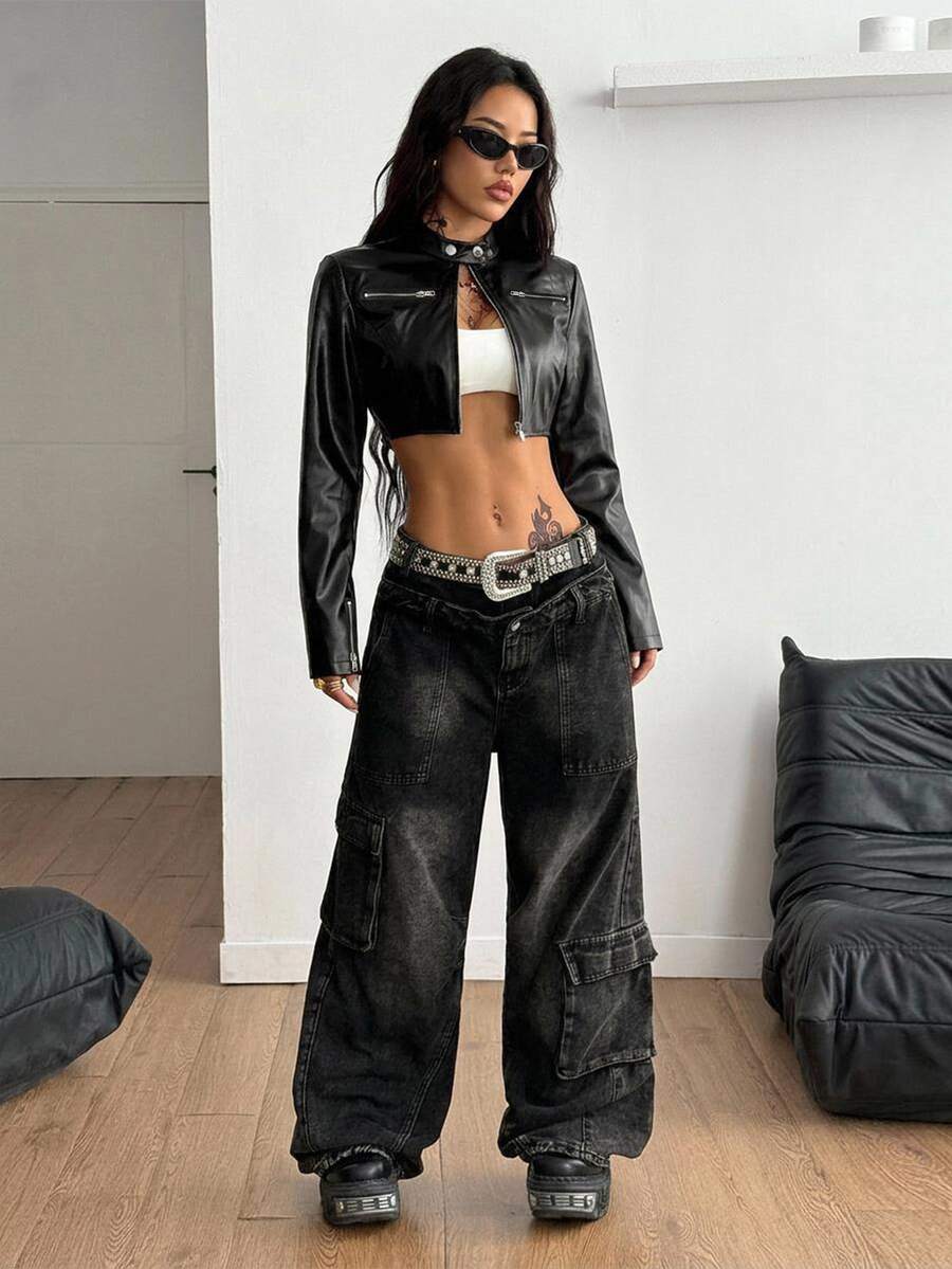 Women's metallic grey cropped faux leather jacket featuring a stand collar and asymmetrical zip front closure.