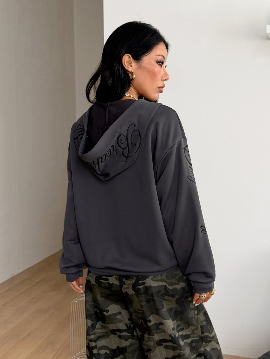 Women's brown leopard print zip-up hoodie with contrast faux fur trim and long bishop sleeves