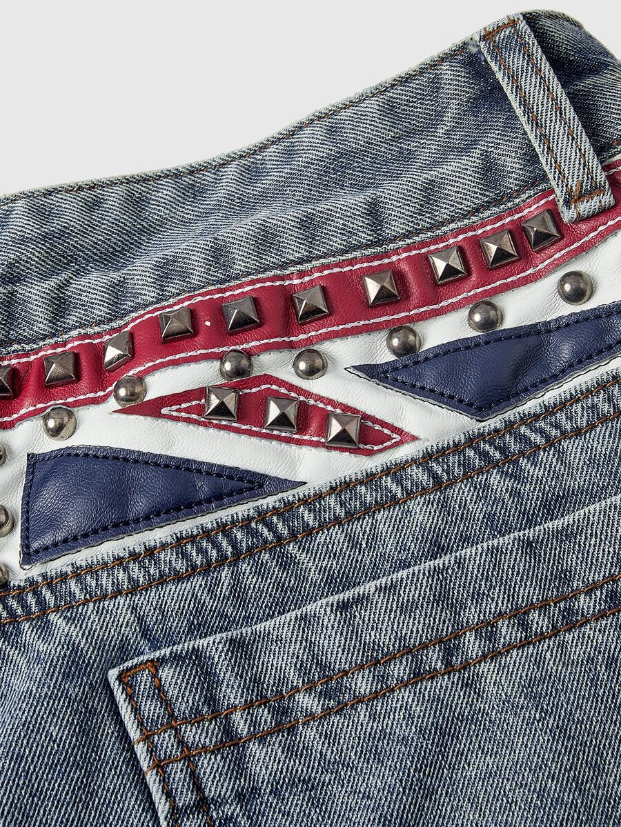 Women's low waist straight leg denim jeans with flag print and rivet accents in a loose baggy fit