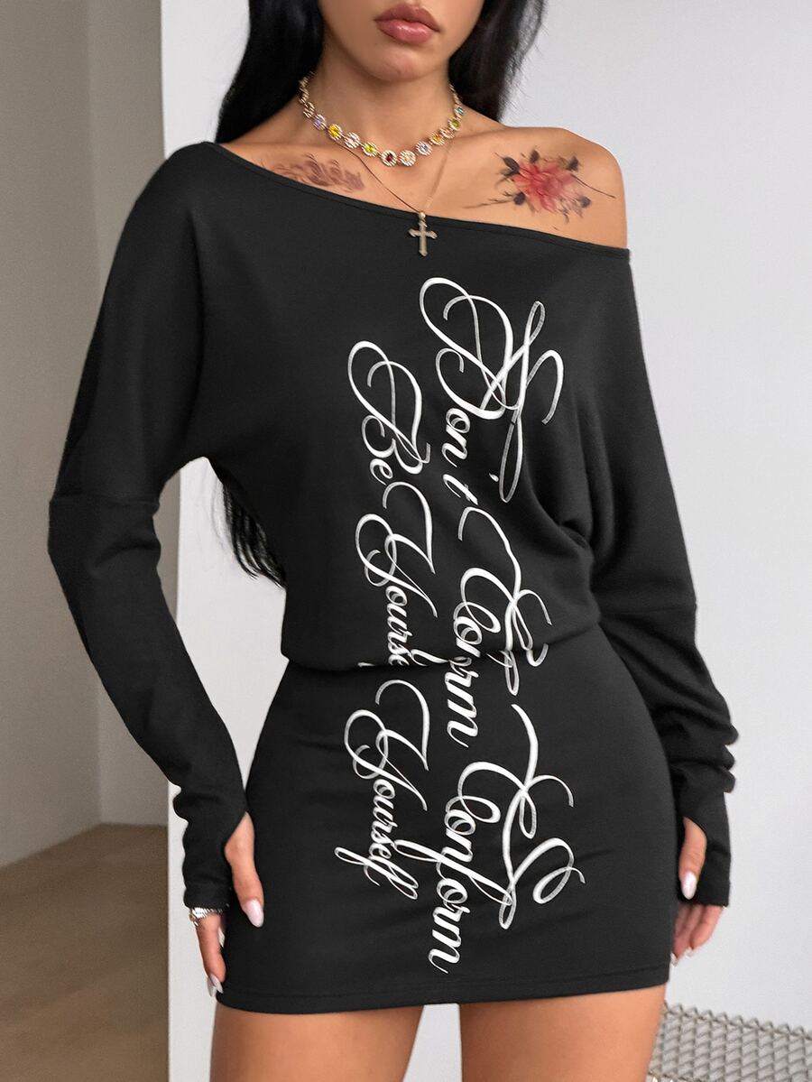 Women's long sleeve bodycon mini dress in black knitted fabric with an asymmetrical neckline and ruched accents.