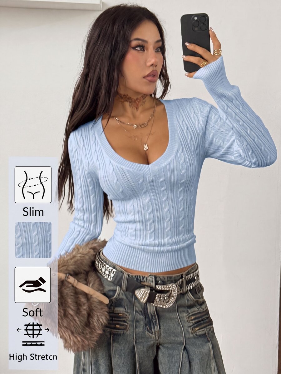 Women's slim fit cable-knit sweater with a V-neckline and long sleeves in solid green rib knit fabric.