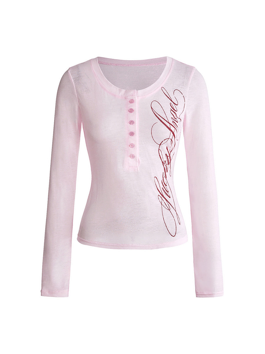 Women's slim fit long sleeve rib-knit henley shirt with scoop neckline and front buttons