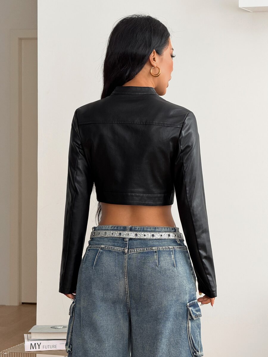 Front view of a women's black cropped PU leather jacket featuring a stand collar, long sleeves, and front zipper closure.