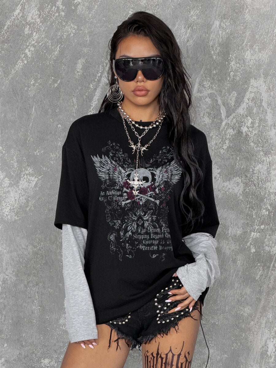 Women's casual graphic long sleeve t-shirt with a round neck, drop shoulder sleeves, and loose relaxed fit.