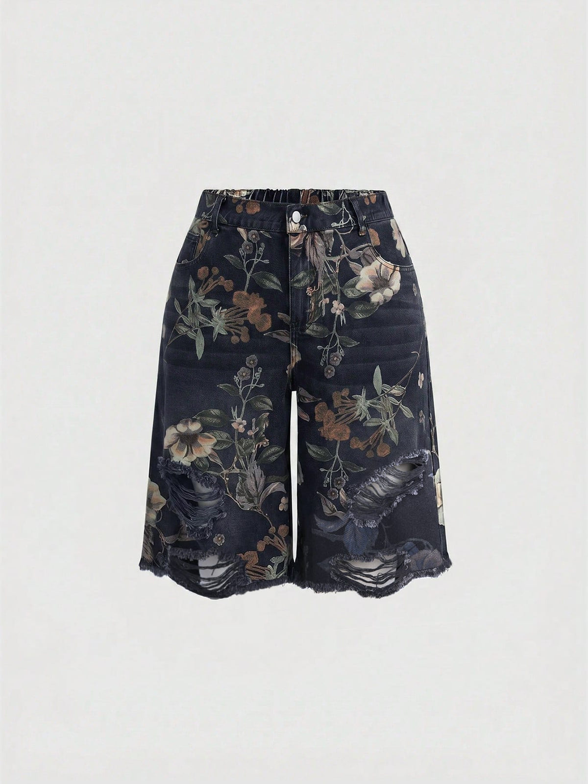 Women's loose wide-leg denim Bermuda shorts featuring vintage animal and paisley print with pockets and zipper fly.