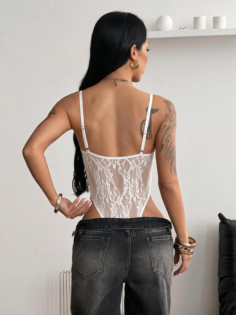 Fitted women's lace and mesh cami bodysuit with spaghetti straps.
