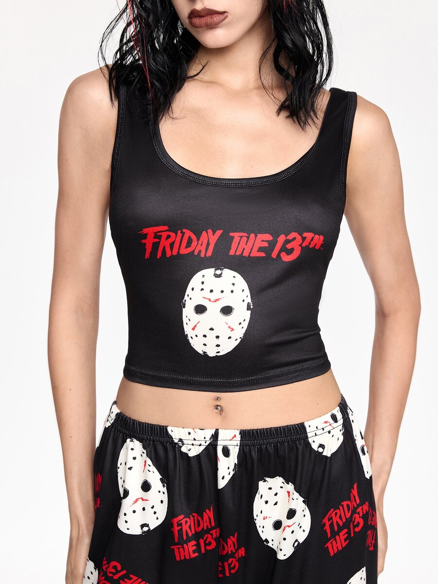 Women's gothic skull face print pajama set featuring a slim fit crop camisole and matching pants