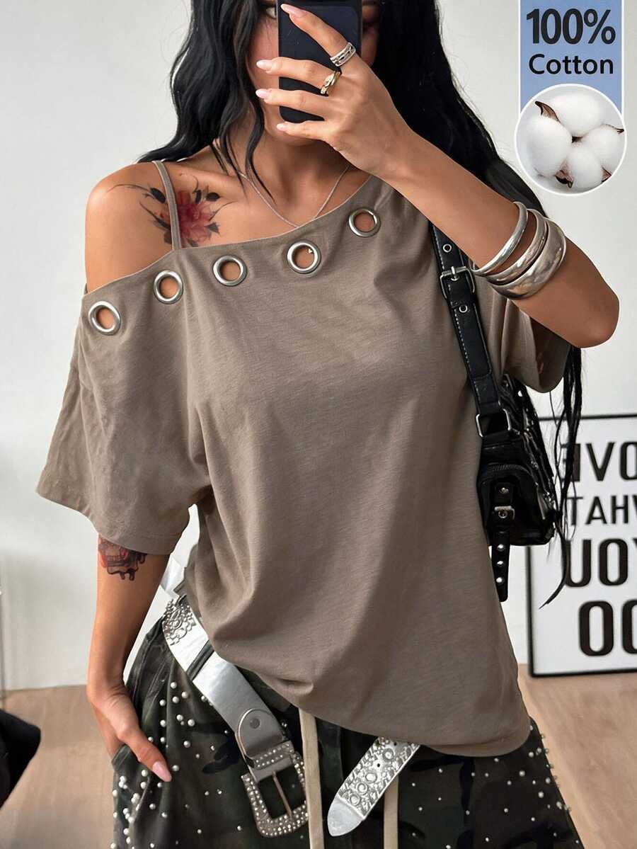 Women's casual loose fit cold shoulder cotton t-shirt with asymmetrical cutout neckline and short sleeves.