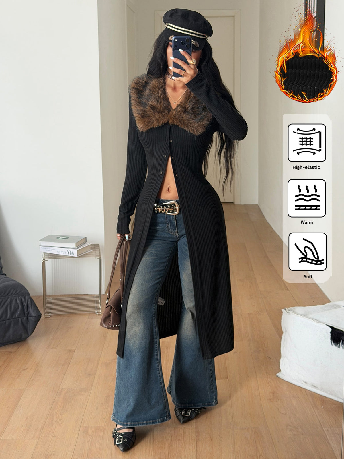 Women's slim fit black long sleeve midi coat with a contrast faux fur collar and button-down front.