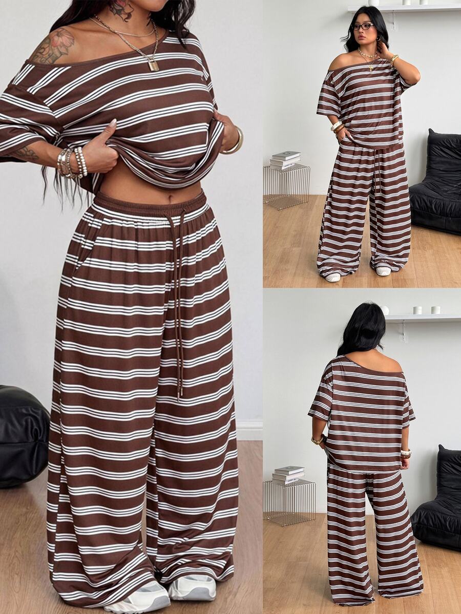 Women's two-piece lounge set featuring a loose drop shoulder asymmetrical neck short sleeve t-shirt and wide-leg knit pants with pockets.