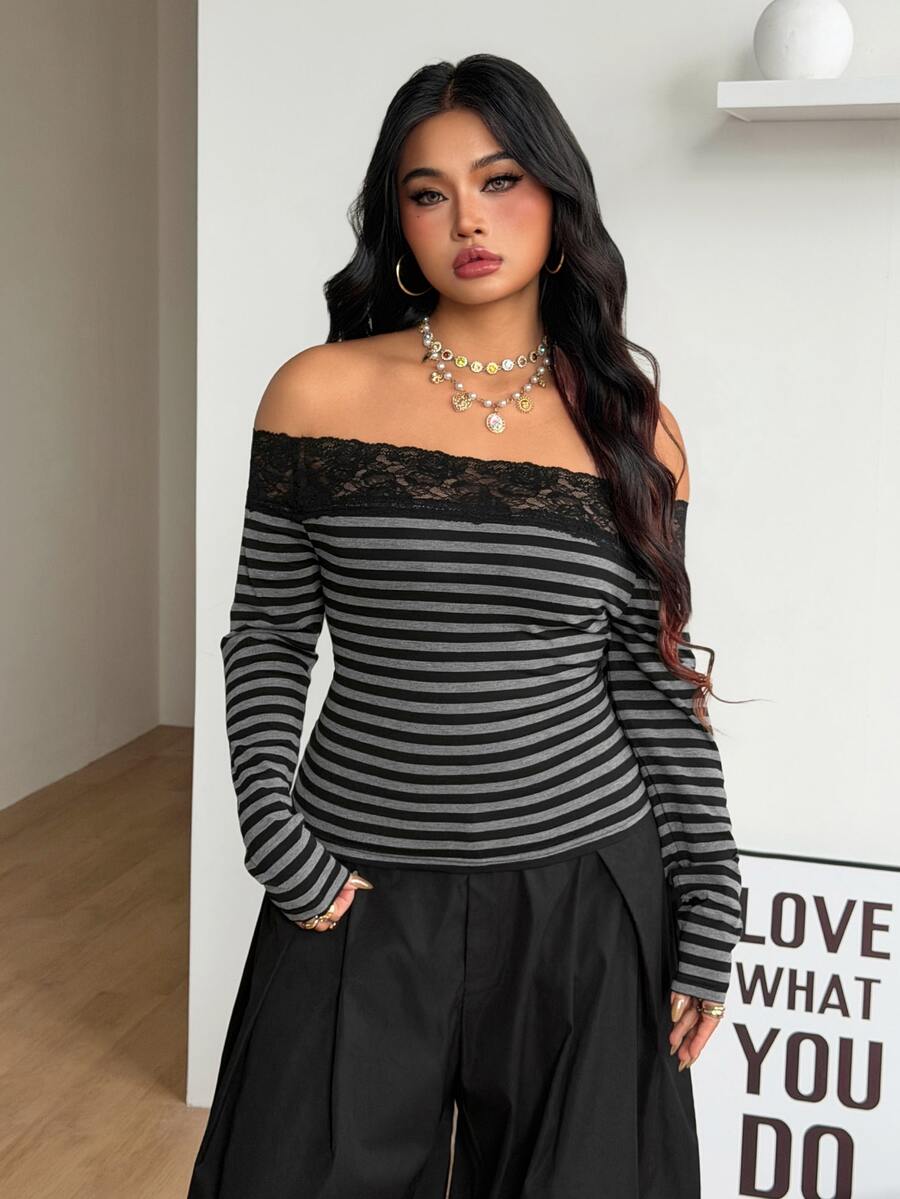 Women's striped off the shoulder long-sleeve top with contrast lace trim and ribbed knit texture.