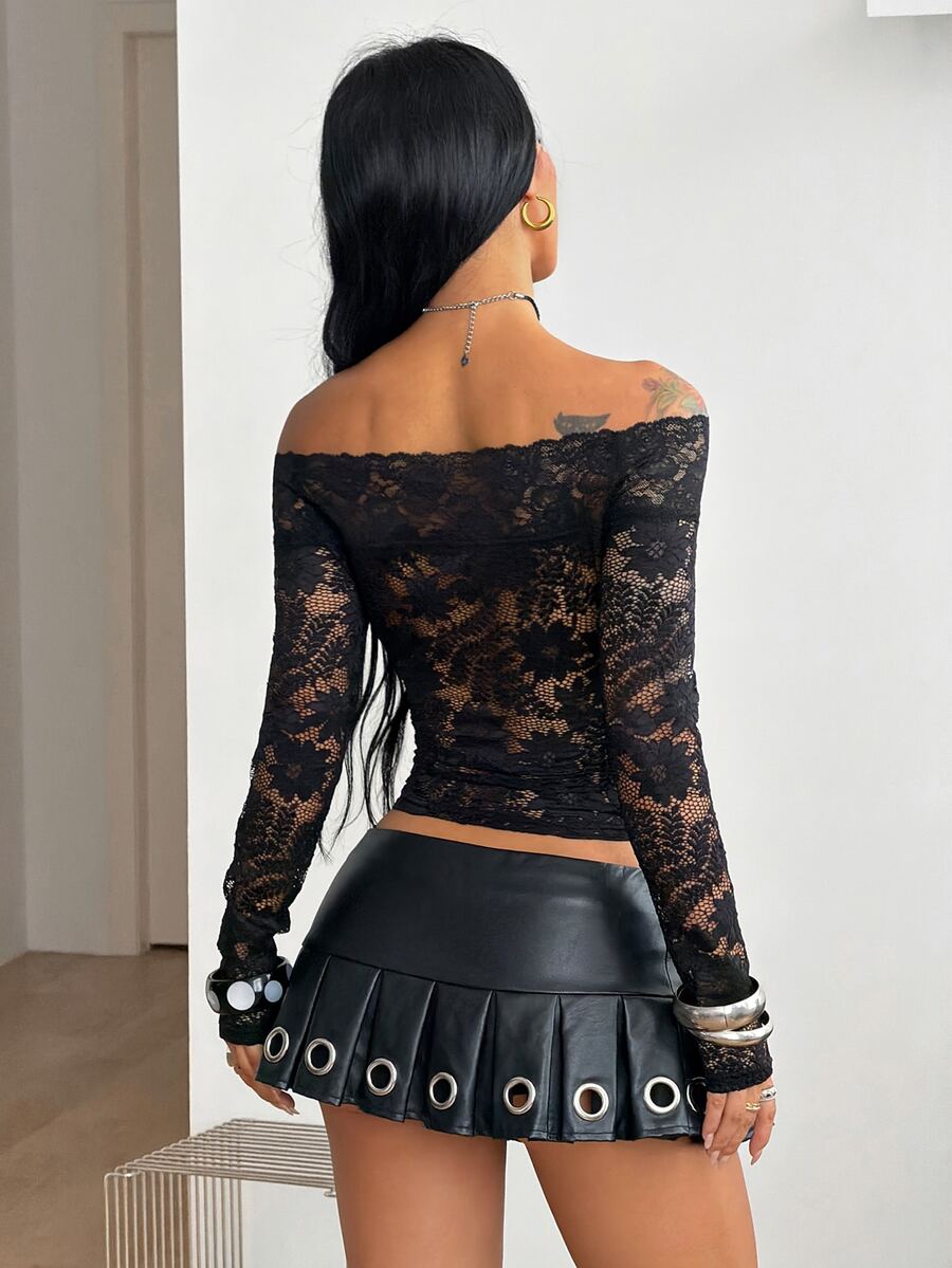 Women's striped off the shoulder long-sleeve top with contrast lace trim and ribbed knit texture.