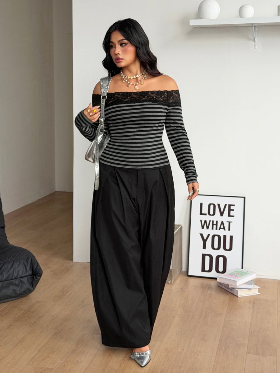 Women's striped off the shoulder long-sleeve top with contrast lace trim and ribbed knit texture.