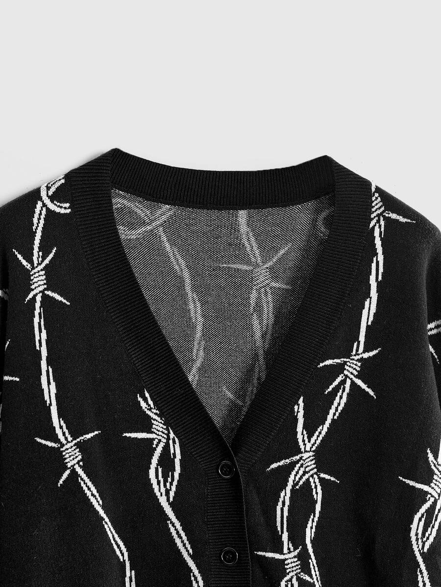 Women's oversized gothic thorn jacquard knit cardigan with V-neckline, button-front closure, and long drop-shoulder sleeves.