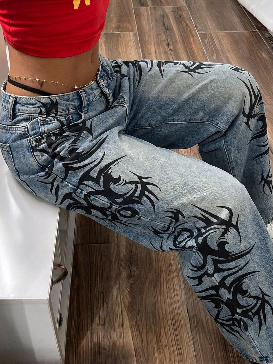 Front view of women's loose wide leg denim jeans featuring a mid waist, classic front pockets, and a zipper fly closure.