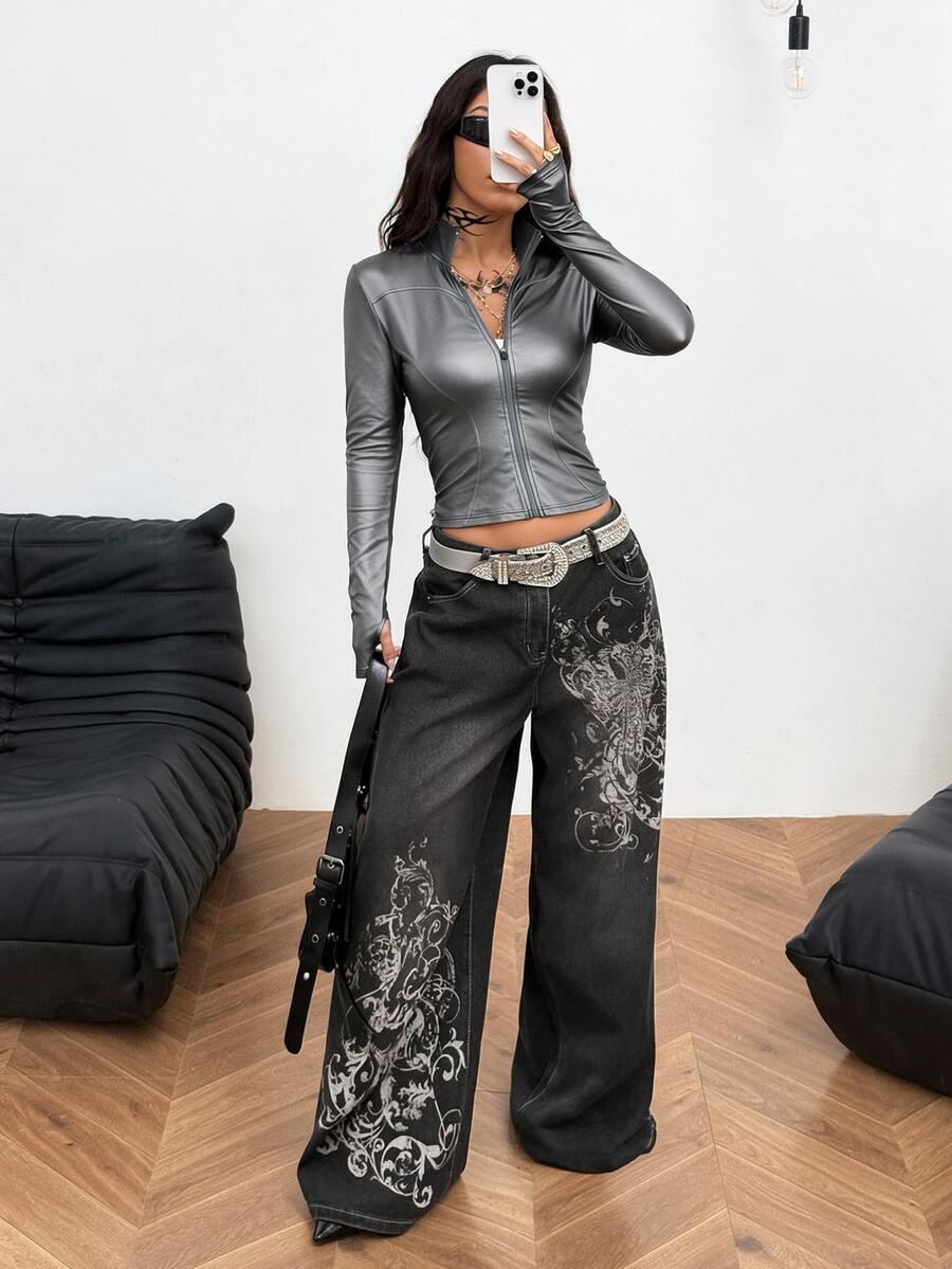 Women's slim fit short PU leather jacket featuring a stand collar, long sleeves, and full front zipper closure.