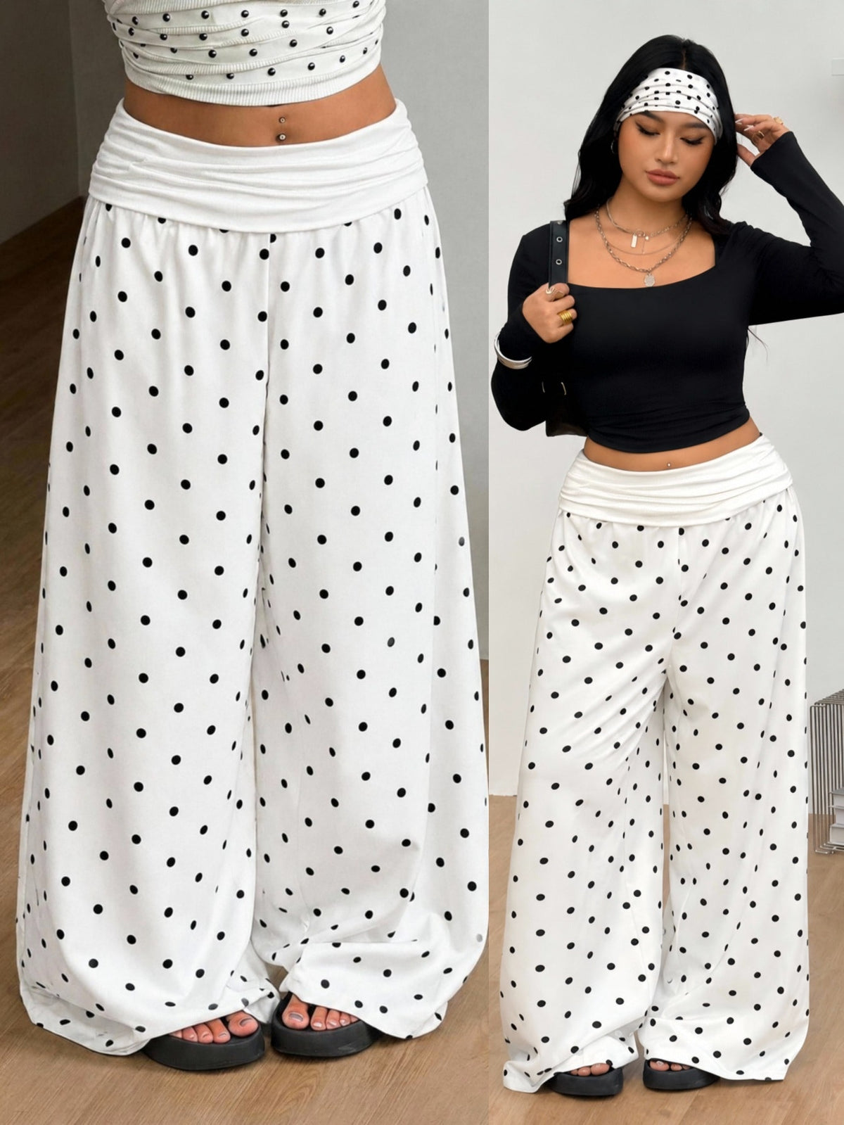Women's plus size wide leg cotton pants featuring a relaxed loose fit and high waist design.