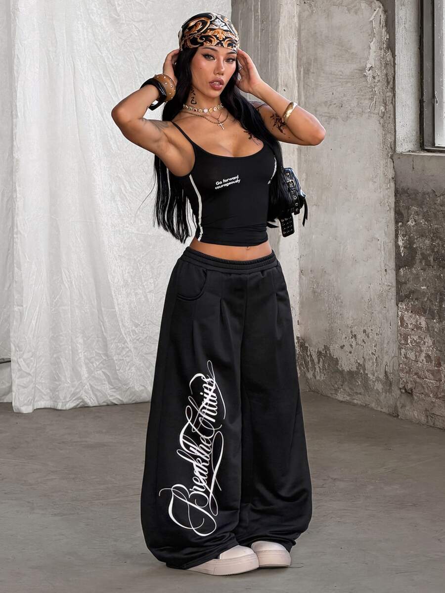 Women's loose straight leg casual pants with drawstring elastic waist and pockets
