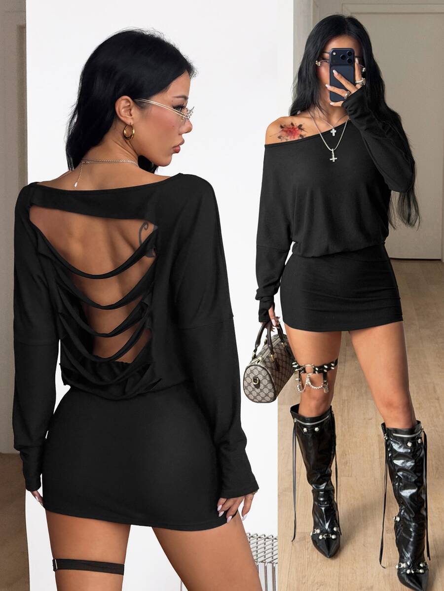Women's long sleeve bodycon mini dress in black knitted fabric with an asymmetrical neckline and ruched accents.