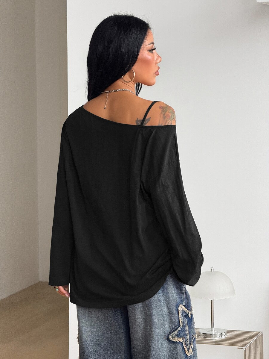 Women's brown striped boat neck long sleeve raglan T-shirt with a loose casual fit