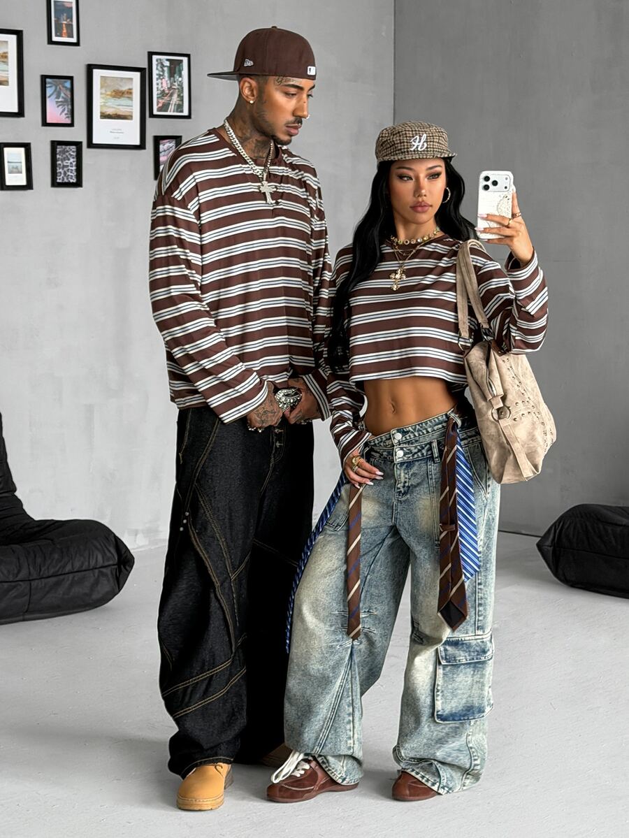 Women's coffee brown striped long sleeve crop top with a round neckline and drop shoulder design.