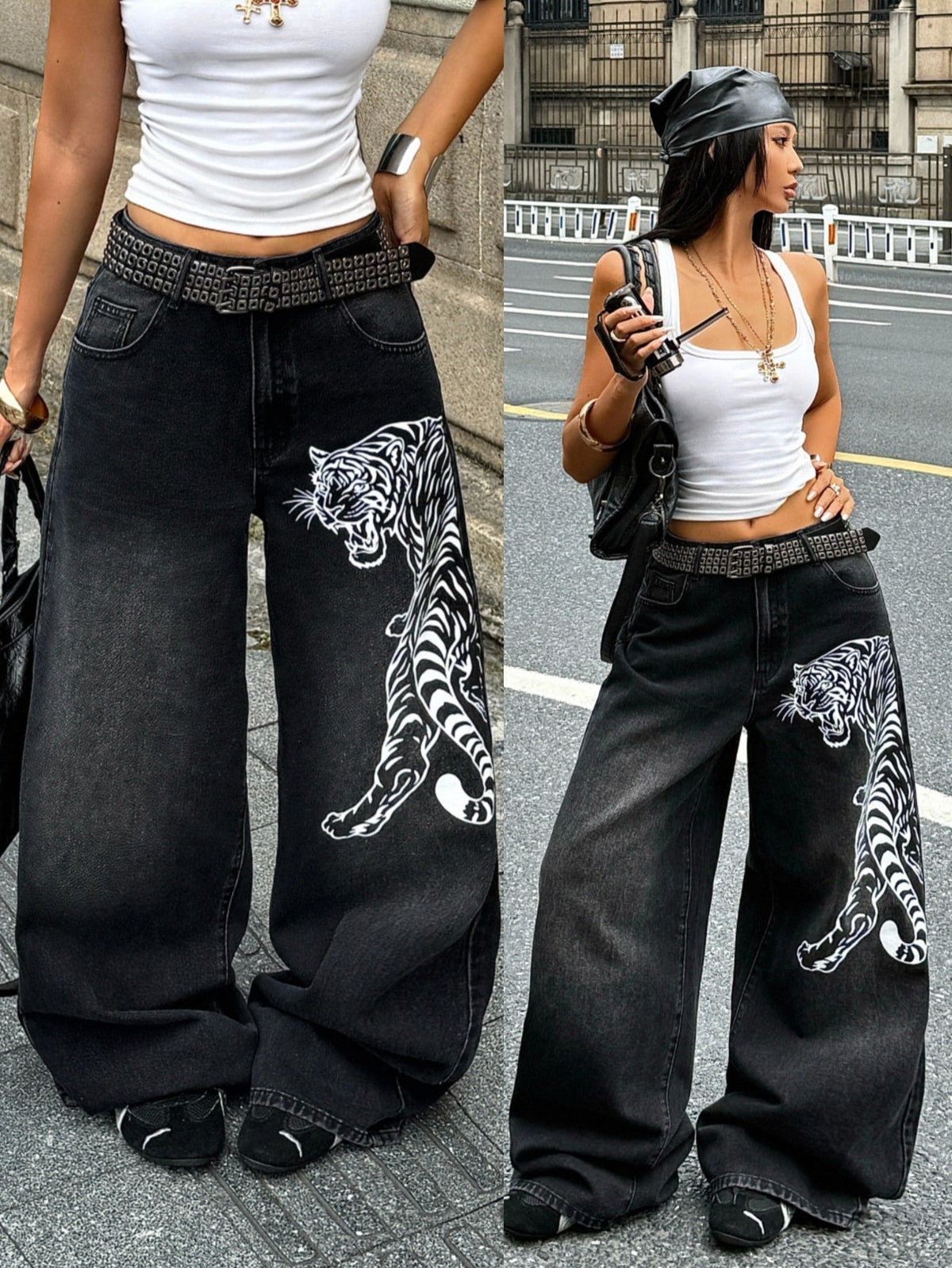 Front view of women's loose wide leg denim jeans featuring a mid waist, classic front pockets, and a zipper fly closure.