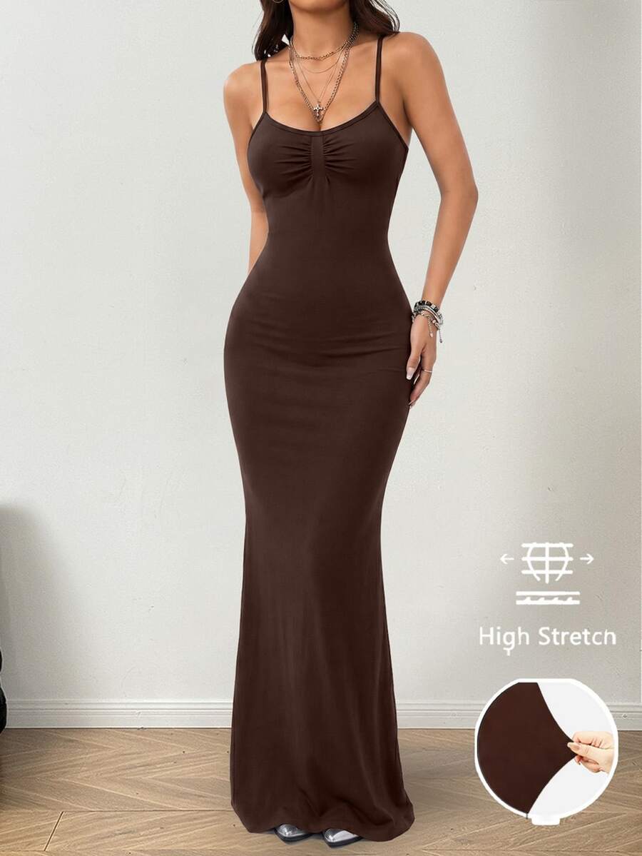 Women's slim fit sleeveless spaghetti strap maxi dress in brown ribbed stretch knit fabric.
