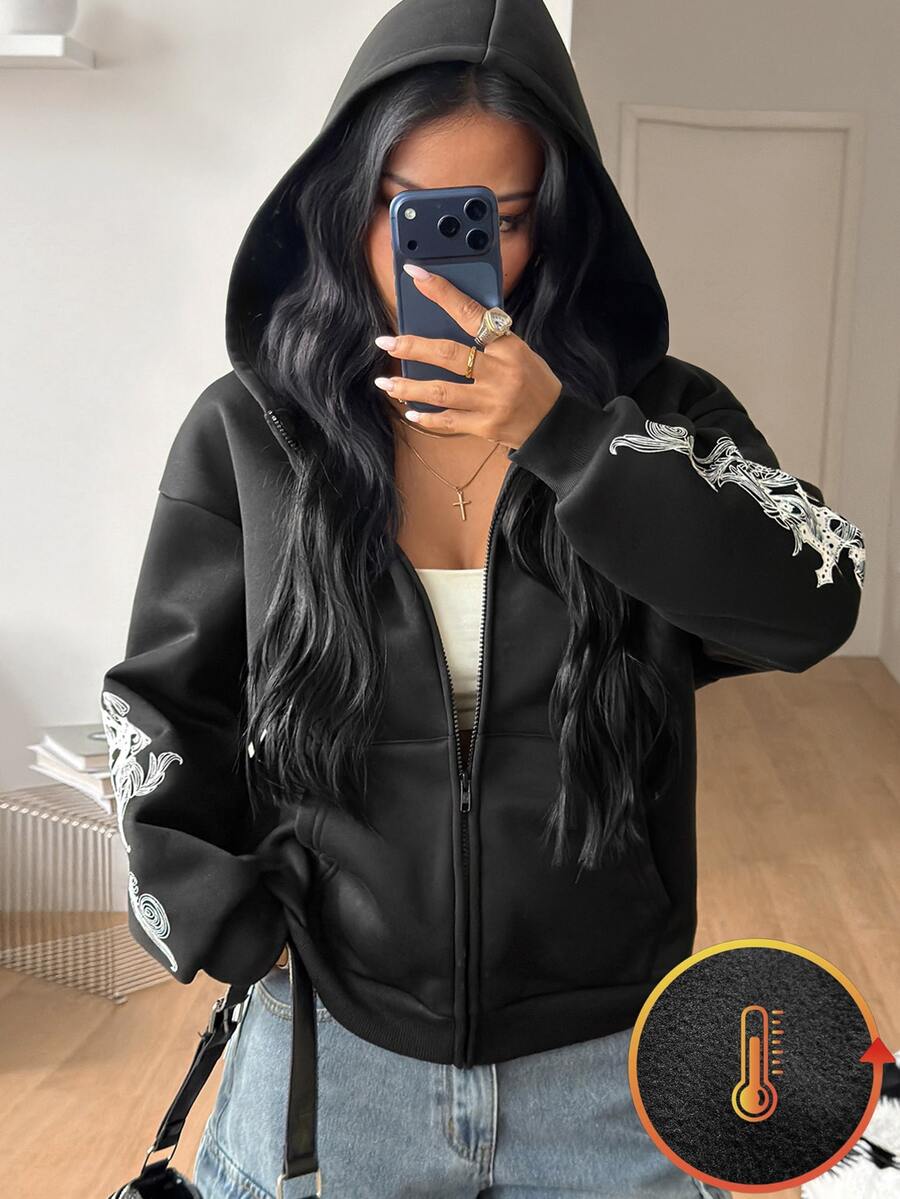 Women's brown leopard print zip-up hoodie with contrast faux fur trim and long bishop sleeves