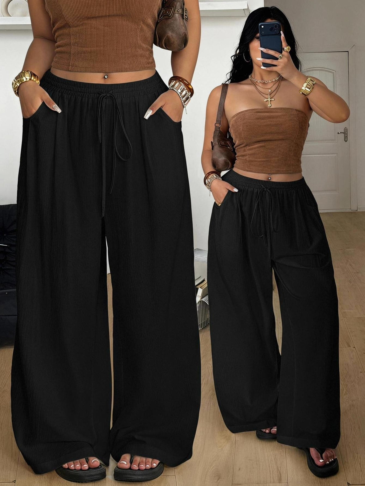 Women's loose straight leg cotton pants featuring a high waist with an adjustable drawstring knot and functional side pockets.