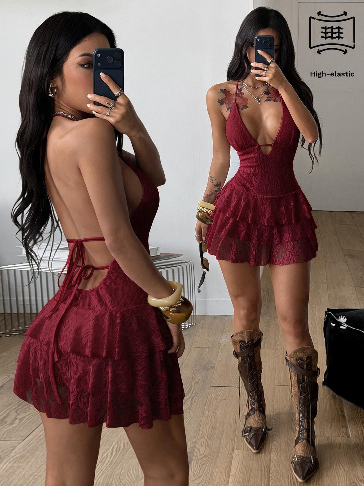 Front view of a women's lace halter mini dress featuring a slim-fit bodice, flared hem, and sleeveless design.