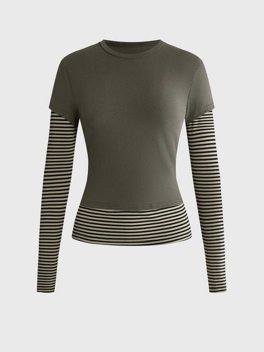 Women's slim fit long sleeve t-shirt featuring a casual round neck and 2-in-1 patchwork striped design.